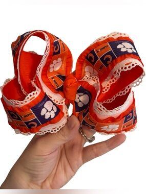 Clemson Orange Purple Boutique Hair Bow White Scallop Trim 5.5” Alligator Clip